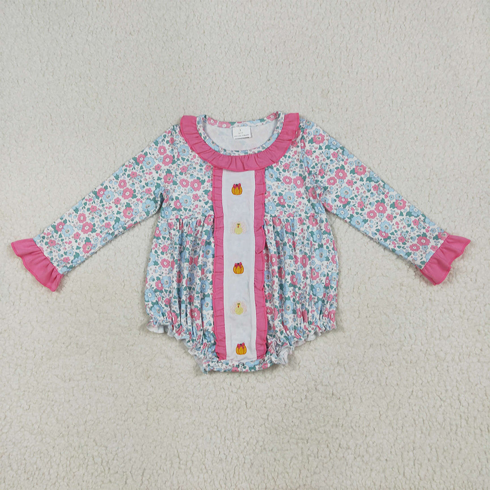 6.24 RTS NO MOQ Baby Girls Bodysuit LR2219 Embroidery Long Sleeves Turkey Pumpkins Floral Ruffle Rompers