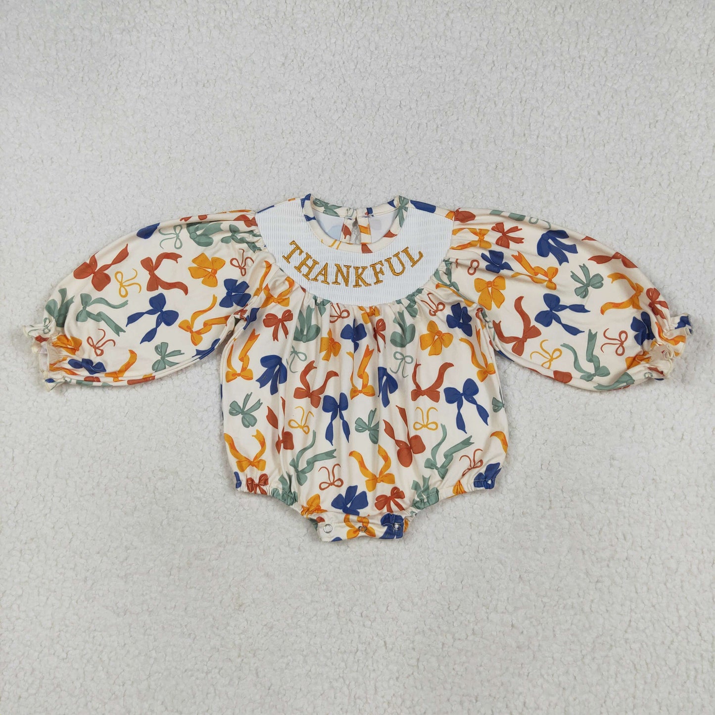 8.12 RTS NO MOQ Baby Girls Bodysuit LR2257 Smocked Thankful Colorful Bows Ruffle Rompers