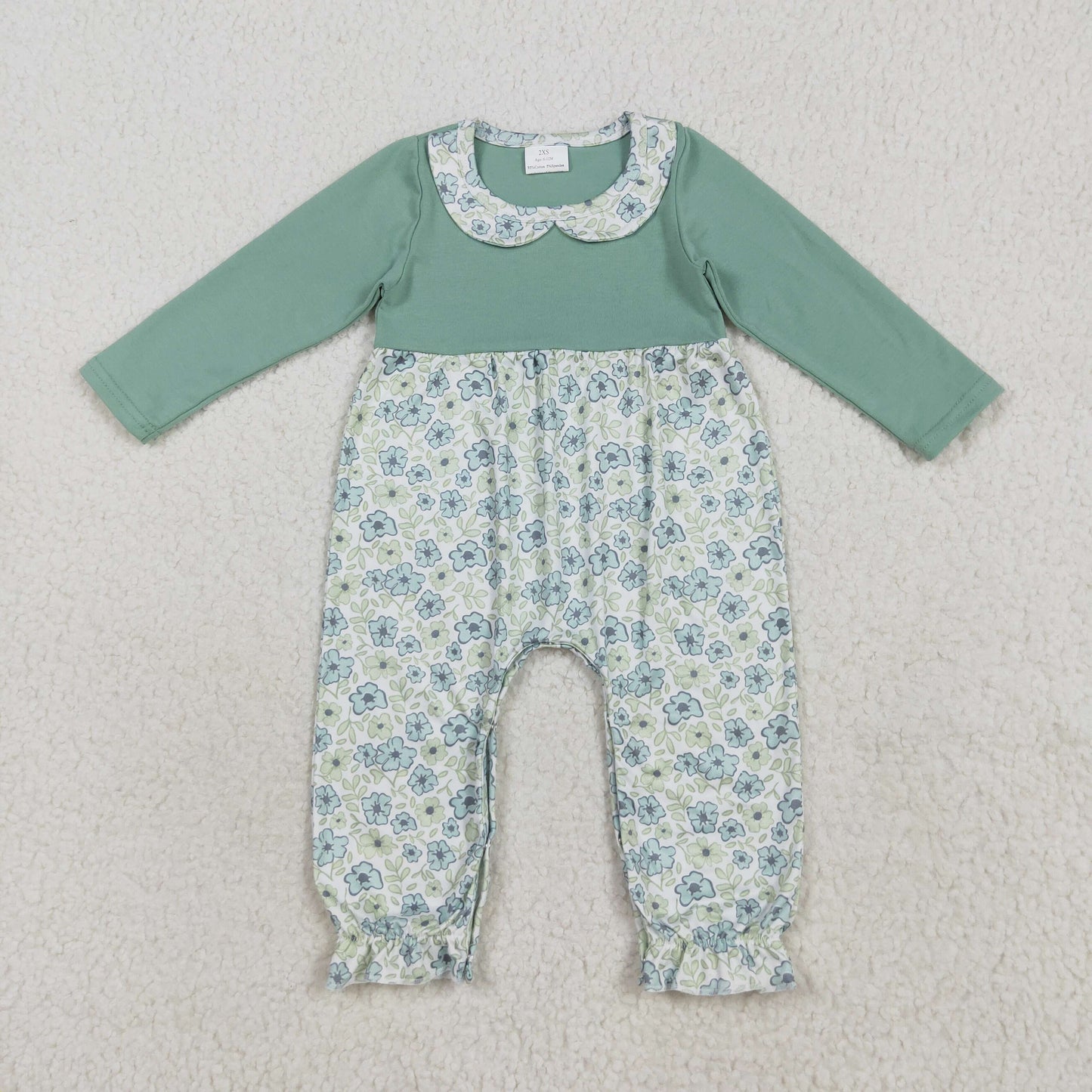 7.18 RTS NO MOQ Baby Girls Bodysuit LR2258 Green Long Sleeves Floral Ruffle Pant Rompers