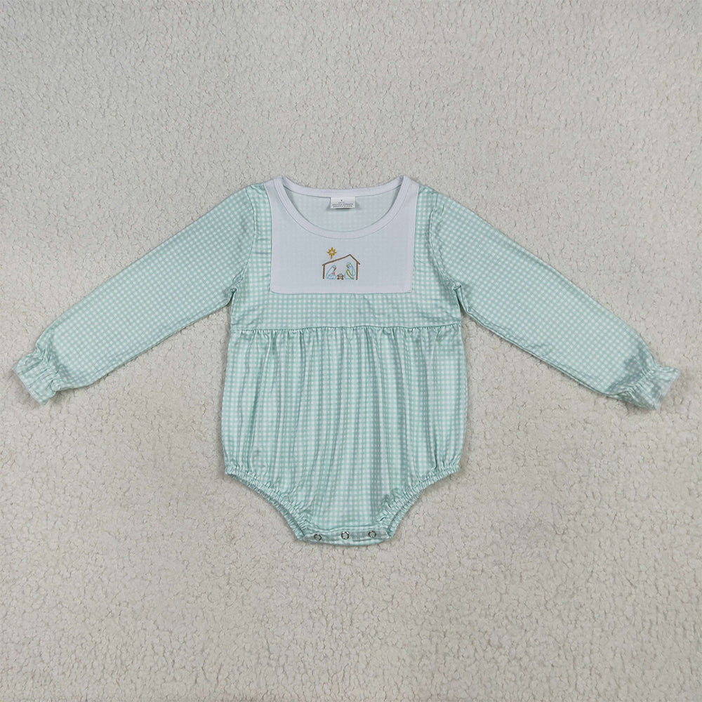 7.15 RTS NO MOQ Baby Girls Bodysuit LR2265 Aqua Plaid Christmas Jesus Bummies Rompers