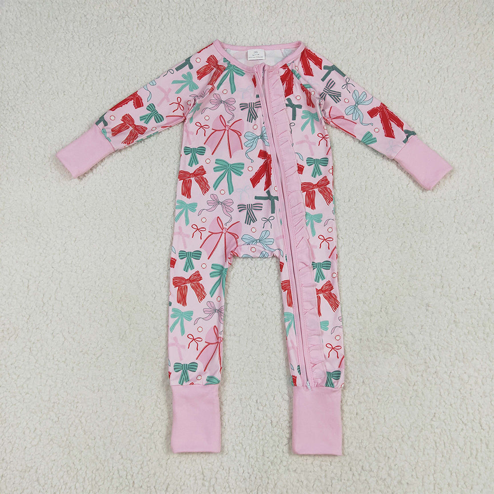 6.26 RTS NO MOQ Baby Girls Bodysuit LR2266 Pink Long Sleeves Colorful Bows Zipper Rompers