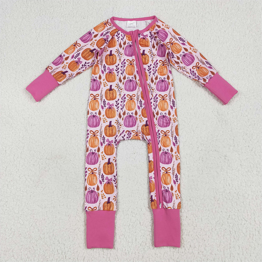 6.23 RTS NO MOQ Baby Girls Bodysuit LR2270 Hot Pink Floral Pumpkins Footie Zipper Rompers