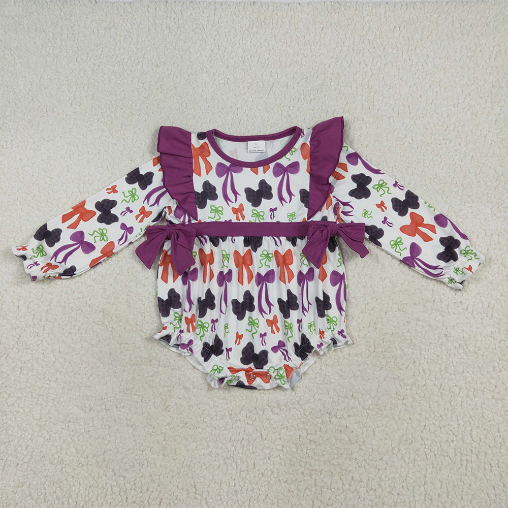 7.15 RTS NO MOQ Baby Girls Bodysuit LR2285 Halloween Colorful Purple Bows Ruffle Rompers