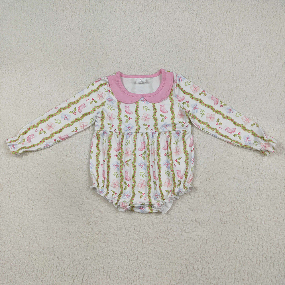 7.15 RTS NO MOQ Baby Girls Bodysuit LR2324 Christmas Gifts Floral Stripe Ruffle Rompers