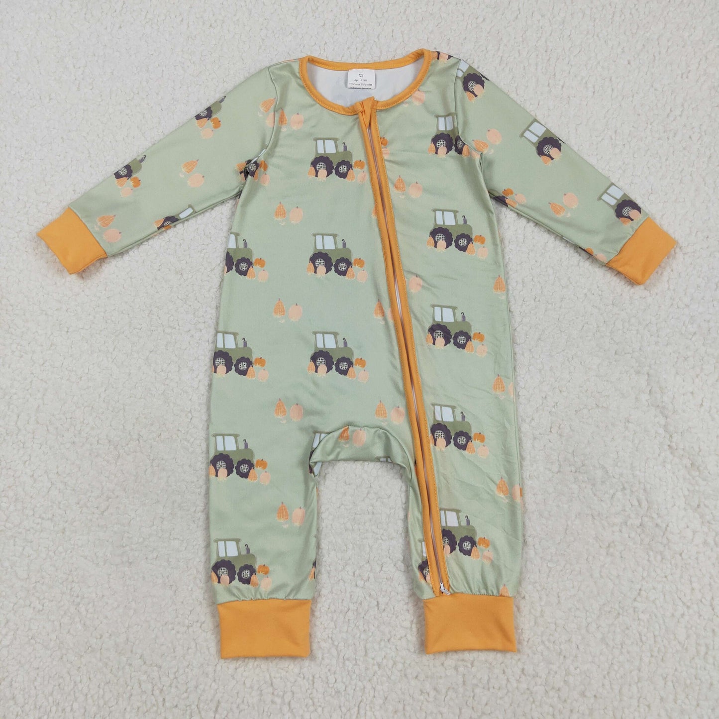 7.23 RTS NO MOQ Baby Boys Bodysuit LR2335 Green Long Sleeves Pumpkins Trucks Zipper Rompers