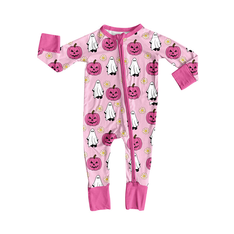 8.7 LR2522 Baby Boys Ghost Pumpkins Flowers Halloween Zipper Footie Rompers Preorder