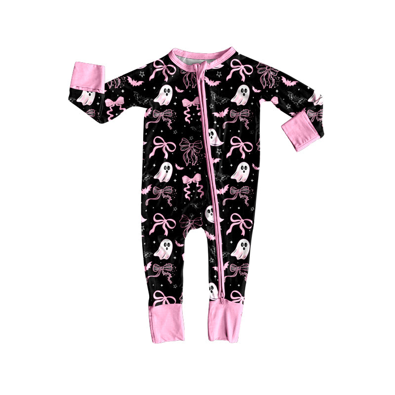 8.7 LR2540 Baby Boys Bows Ghosts Plaid Halloween Zipper Footie Rompers Preorder
