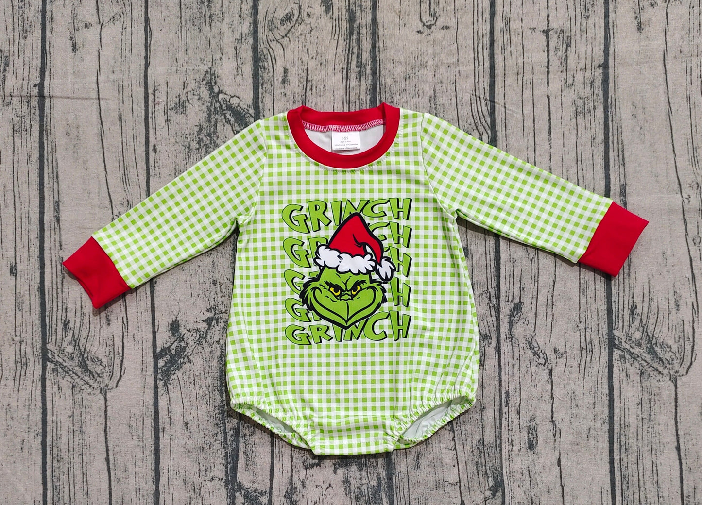 RTS Baby Boy Long Sleeves Green Face Christmas Bubble Plaid Romper