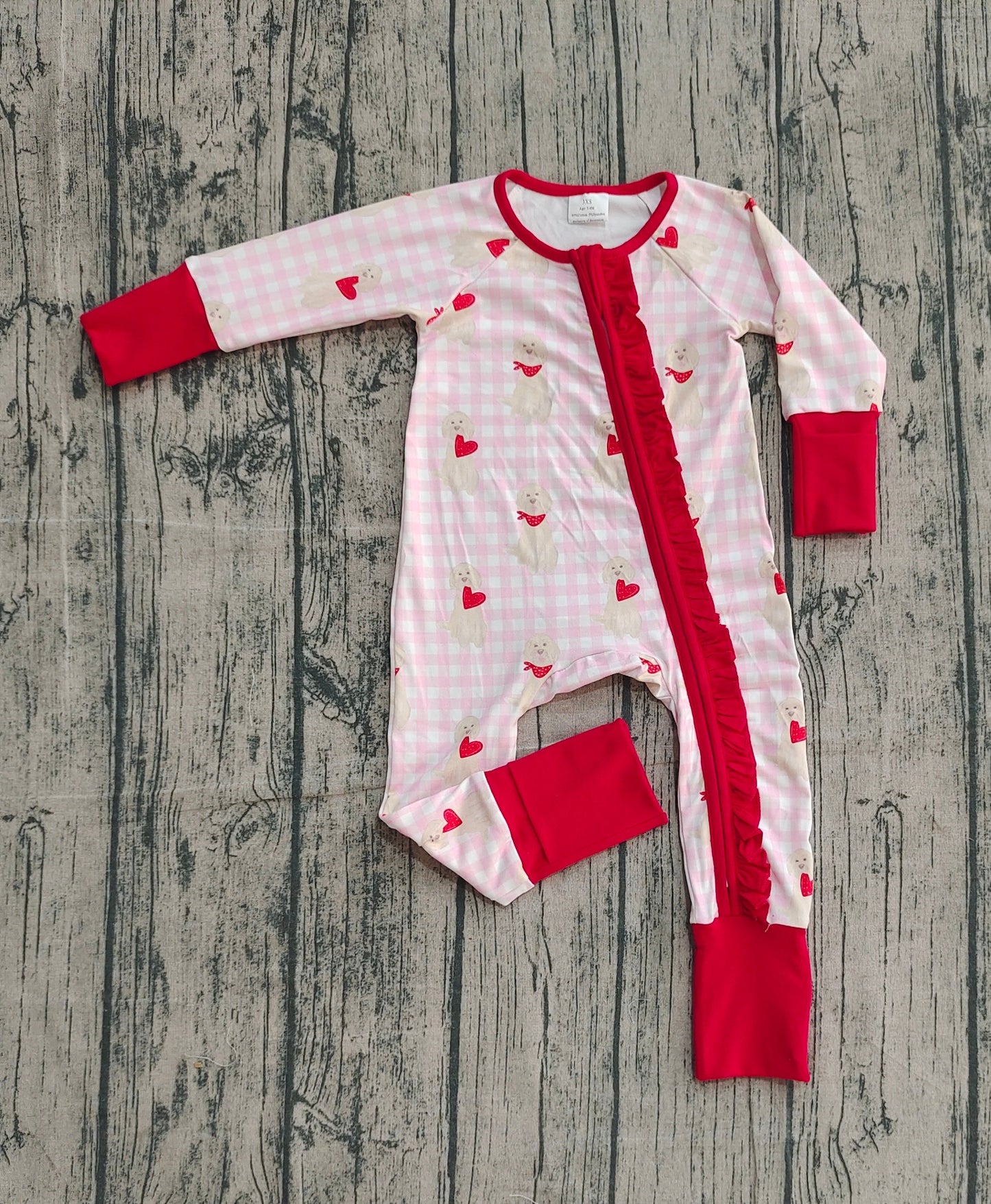 RTS Baby Infant Girls Dogs Hearts Plaid Valentine's Day Zipper Footie Sleeper Romper