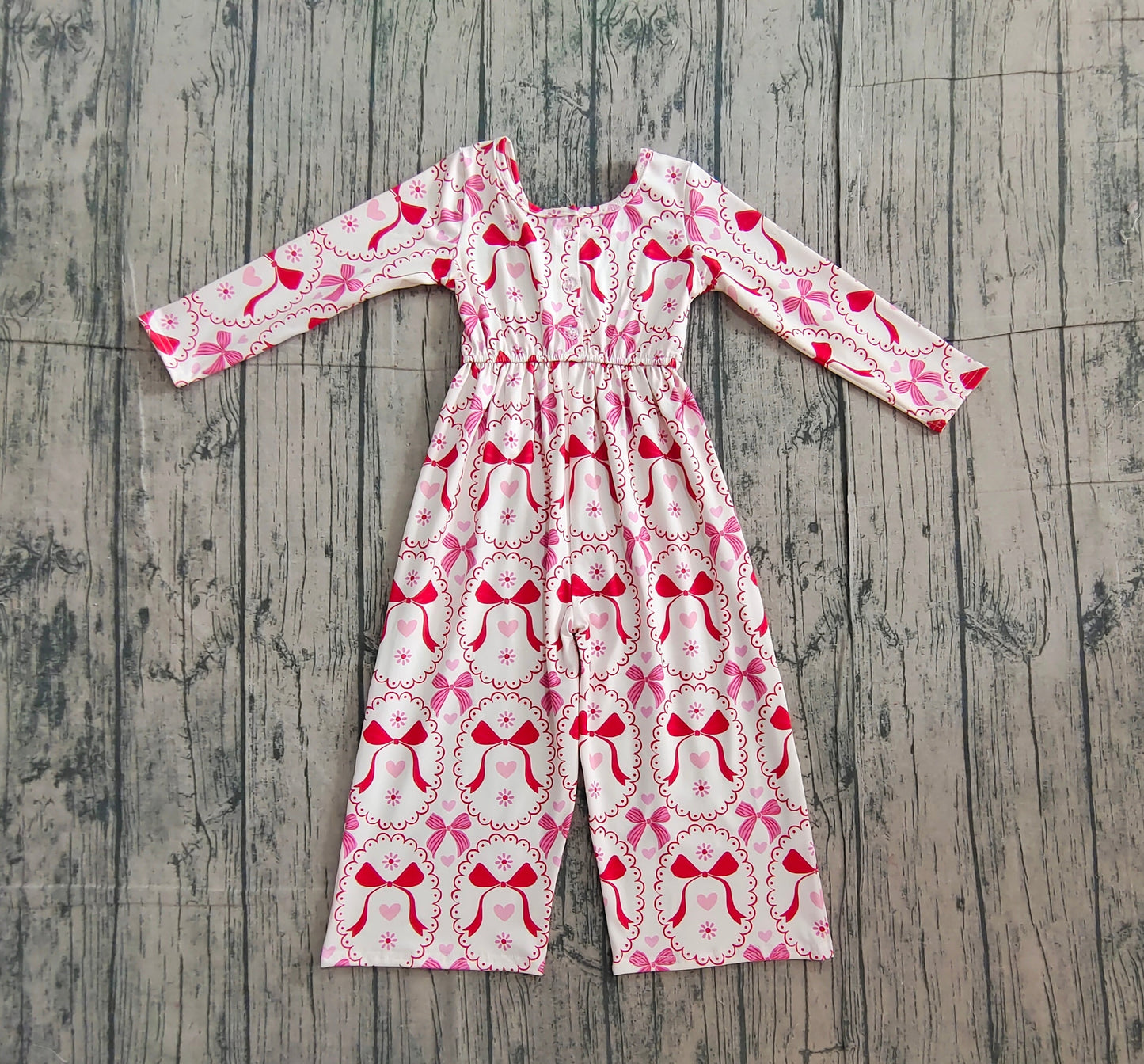 RTS Baby Girls Kids Long Sleeves Bows Hearts Valentine's Day Jumpsuit