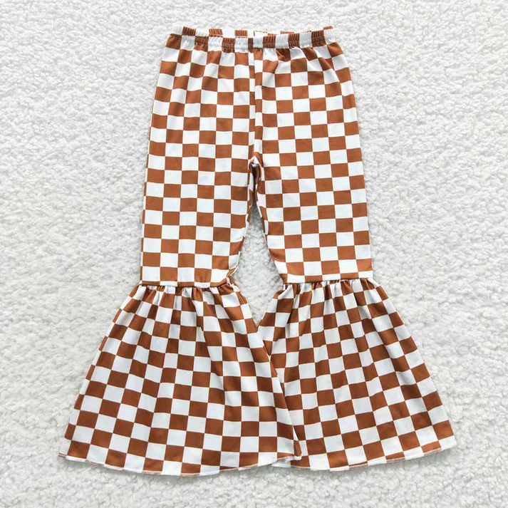 RTS NO MOQ Sibling Baby Girls Trousers 3 Colors Checkered Bell Bottom Pants