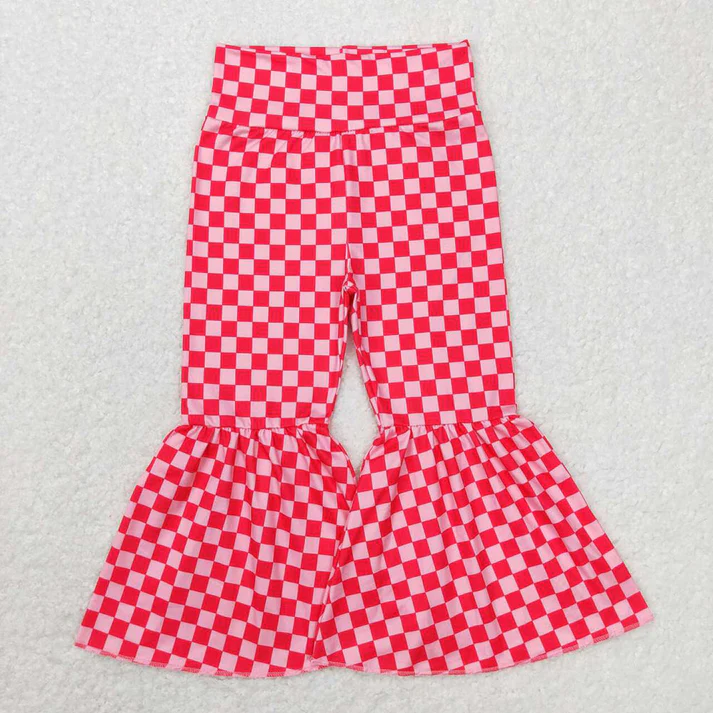 RTS NO MOQ Sibling Baby Girls Trousers 3 Colors Checkered Bell Bottom Pants