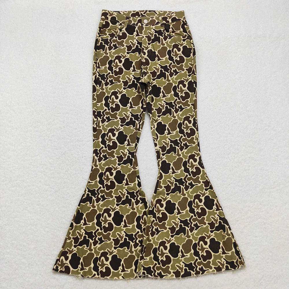 RTS NO MOQ Adult Women Trousers 2 Colors Camo Duck Denim Bell Pants Jeans