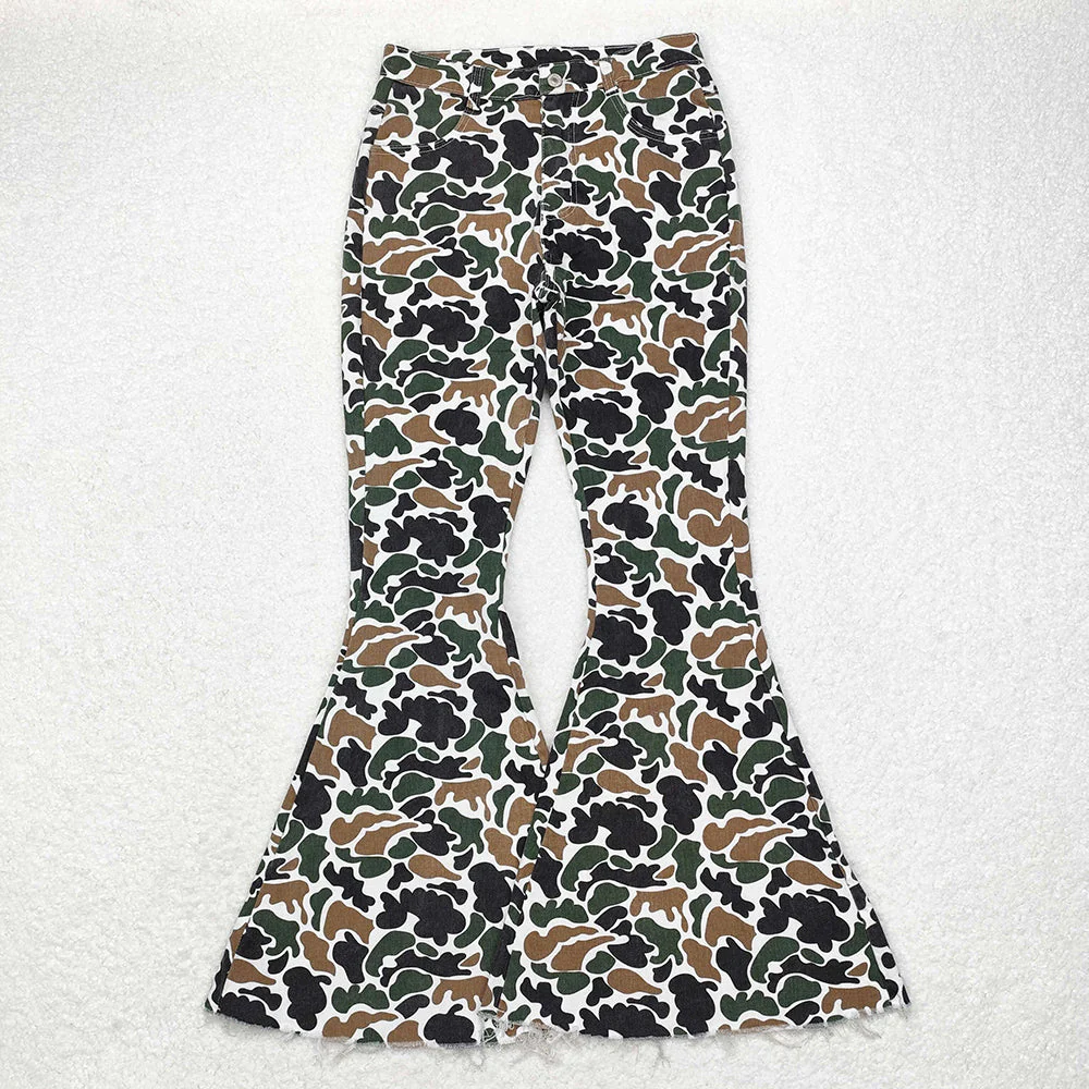 RTS NO MOQ Adult Women Trousers 2 Colors Camo Duck Denim Bell Pants Jeans