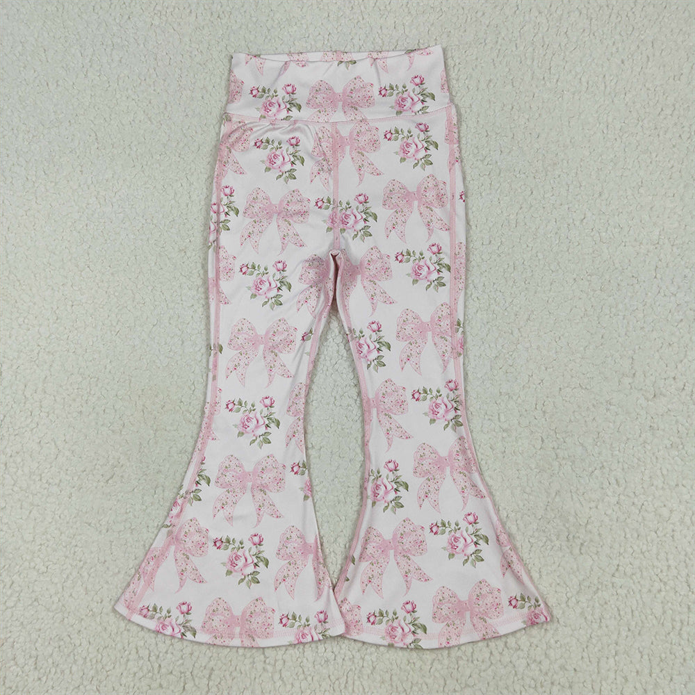 6.26 RTS NO MOQ Baby Girls Summer Pants P0768 Pink Floral Bows Bell Bottom Yoga Pants