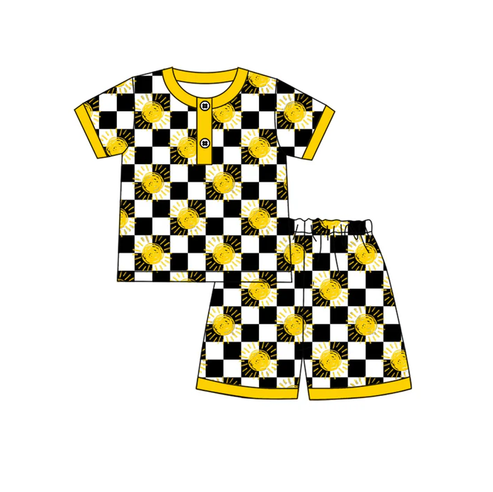 4.17 Preorder moq 5 Baby Boys Short Sleeves Black Plaid Suns Button Top Short Pajamas Set