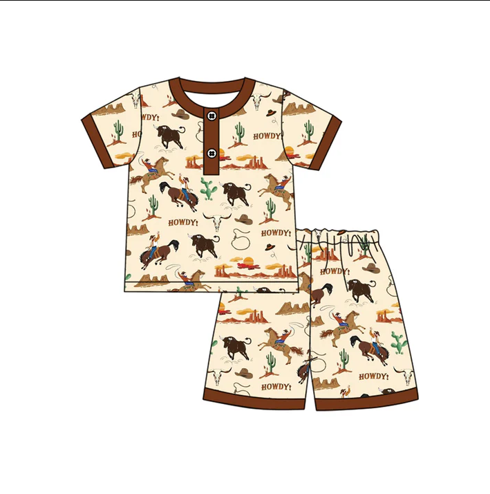 4.17 Preorder moq 5 Baby Boys Brown Short Sleeves Horse Rodeos Button Top Short Pajamas Set