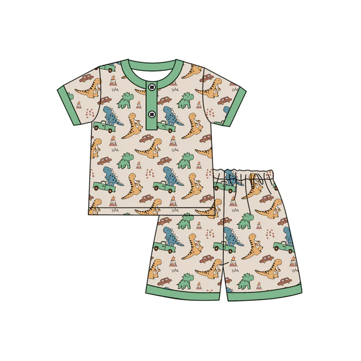 4.17 Preorder moq 5 Baby Boys Short Sleeves Dinosaurs Cars Button Top Short Pajamas Set