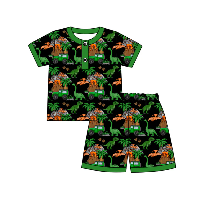 4.17 Preorder moq 5 Baby Boys Short Sleeves Green Dinosaurs Button Top Short Pajamas Set
