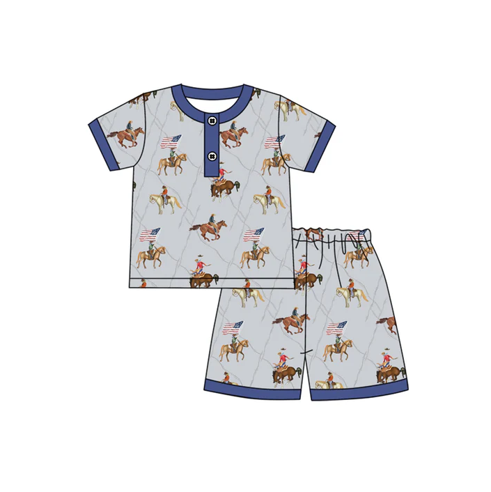 4.17 Preorder moq 5 Baby Boys Horse Rodeo Flag Button Top Short 4th Of July Pajamas Set