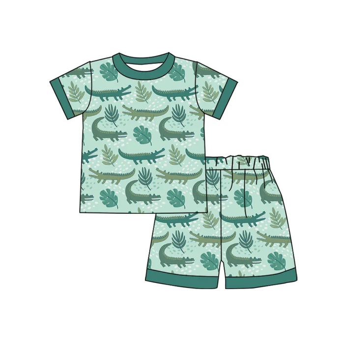 4.17 Preorder moq 5 Baby Boys Green Short Sleeves Crocodiles Top Short Set