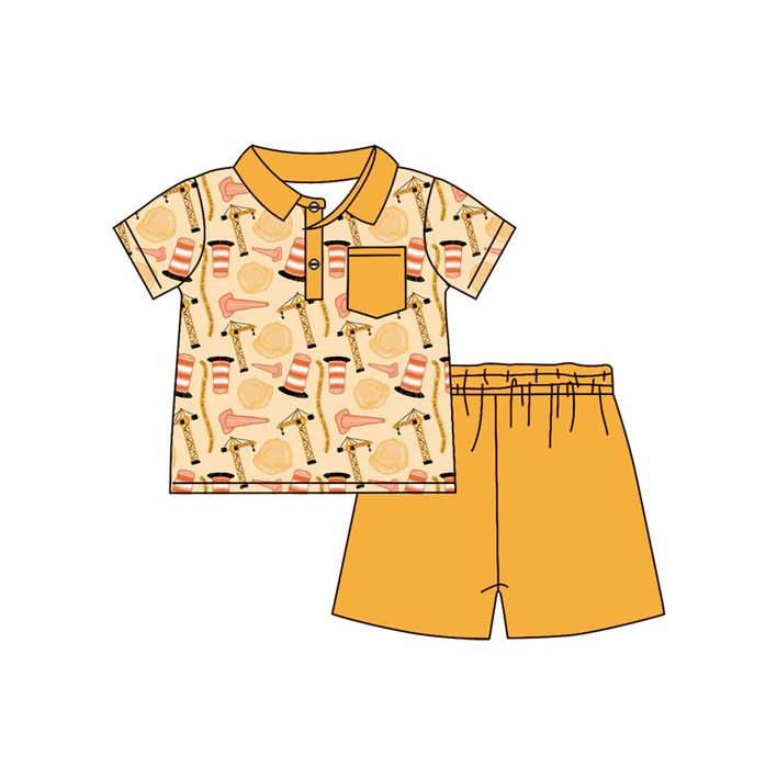 4.17 Preorder moq 5 Baby Boys Yellow Short Sleeves Button Pocket Line Tower Top Short Set
