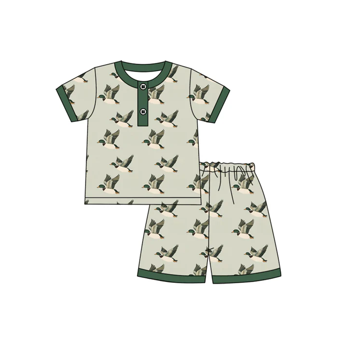 4.17 Preorder moq 5 Baby Boys Green Short Sleeves Ducks Button Top Short Pajamas Set