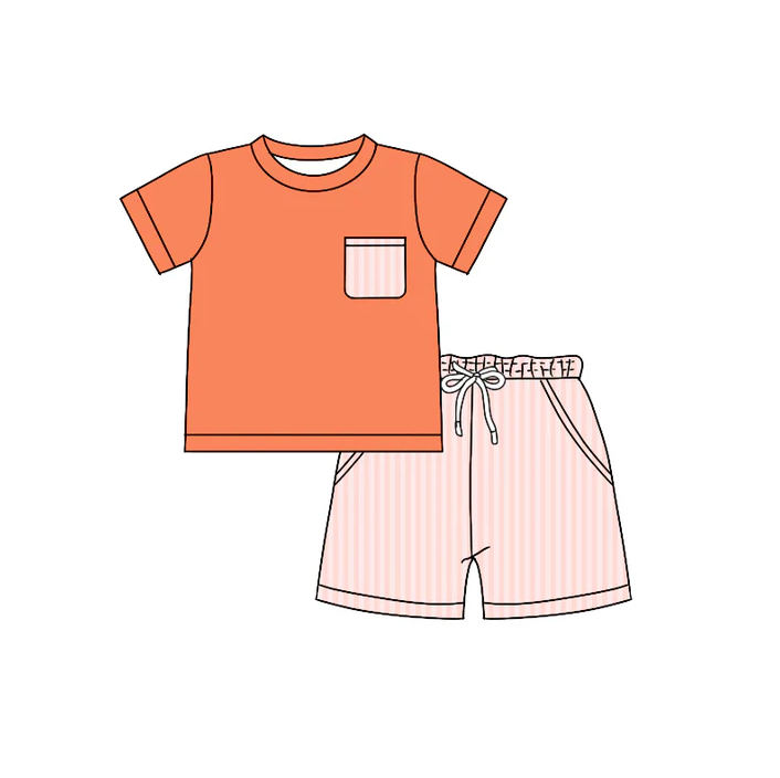 4.17 Preorder moq 5 Baby Boys Peach Short Sleeves Pocket Top Stripe Short Set