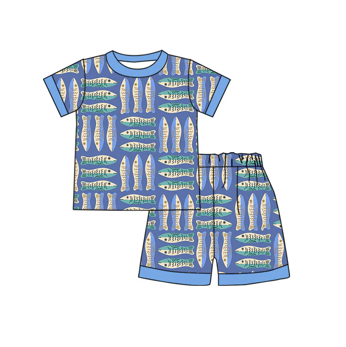 4.17 Preorder moq 5 Baby Boys Lavender Short Sleeves Fishing Top Short Pajamas Set