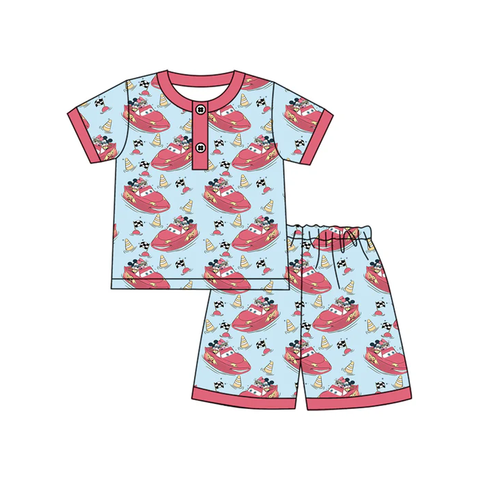 4.17 Preorder moq 5 Baby Boys Short Sleeves Cartoon Cars Flags Button Top Short Pajamas Set