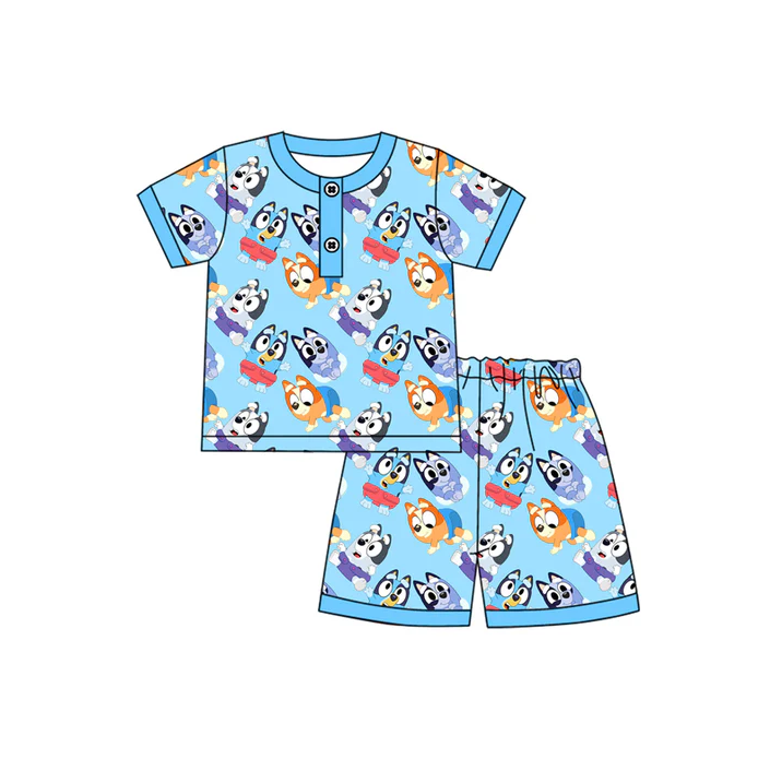 4.17 Preorder moq 5 Baby Boys Blue Short Sleeves Cartoon Dogs Button Top Shorts Pajamas Set
