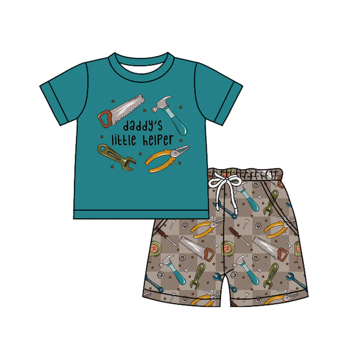 4.17 Preorder moq 5 Baby Boys Green Short Sleeves Daddy's Tools Top Pockets Shorts Set