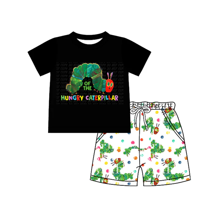 4.17 Preorder moq 5 Baby Boys Black Short Sleeves Caterpillars Top Pockets Shorts Set