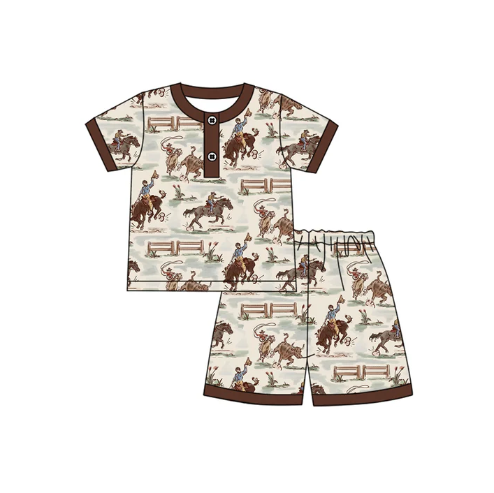 4.17 Preorder moq 5 Baby Boys Brown Short Sleeves Horse Rodeo Button Top Shorts Pajamas Set