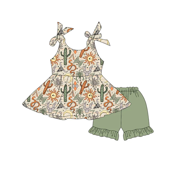 4.18 Preorder moq 5 Baby Girls Green Bows Sleeveless Cactus Suns Tunic Ruffle Short Set