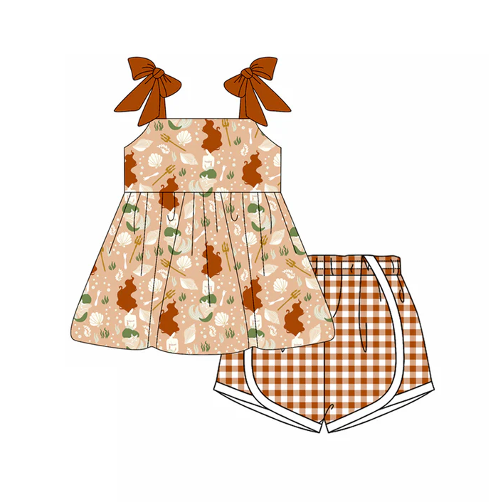 4.18 Preorder moq 5 Baby Girls Brown Strap Horse Rodeo Tunic Plaid Short Set