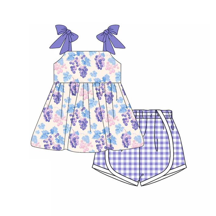 4.18 Preorder moq 5 Baby Girls Purple Strap Grape Tunic Plaid Short 4th Of July Set