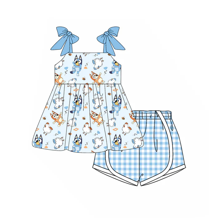 4.18 Preorder moq 5 Baby Girls Blue Strap Cartoon Dogs Tunic Plaid Short Set