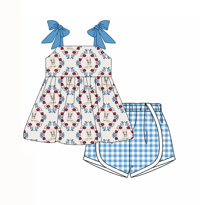 4.18 Preorder moq 5 Baby Girls Blue Strap Boots Floral Tunic Plaid Short Set