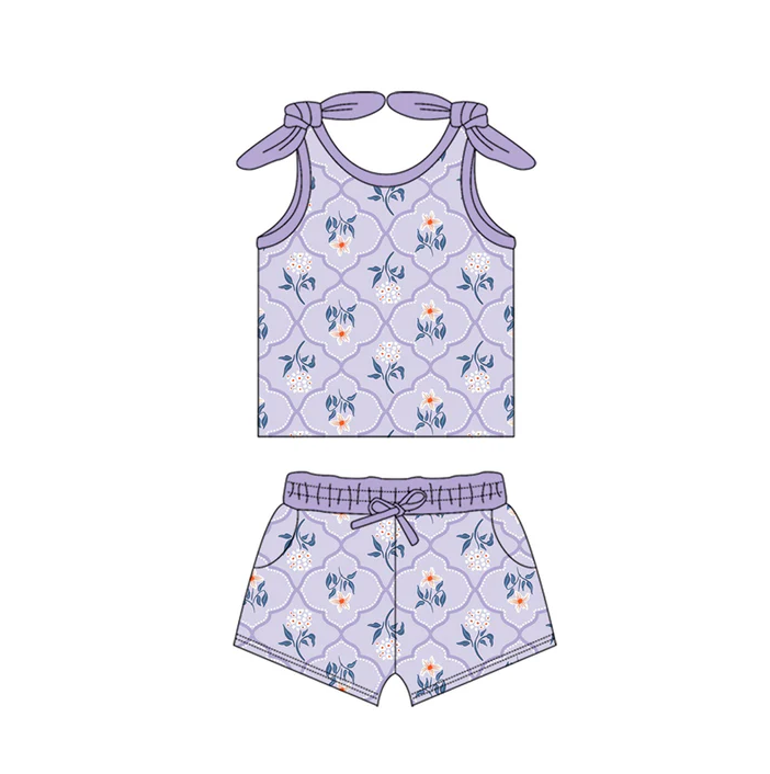 4.18 Preorder moq 5 Baby Girls Bows Sleeveless Lavender Flowers Top Pockets Short Set