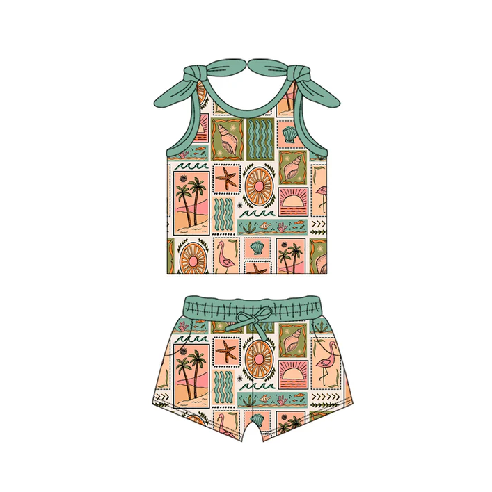4.18 Preorder moq 5 Baby Girls Bows Sleeveless Beach Sea Top Pockets Short Set