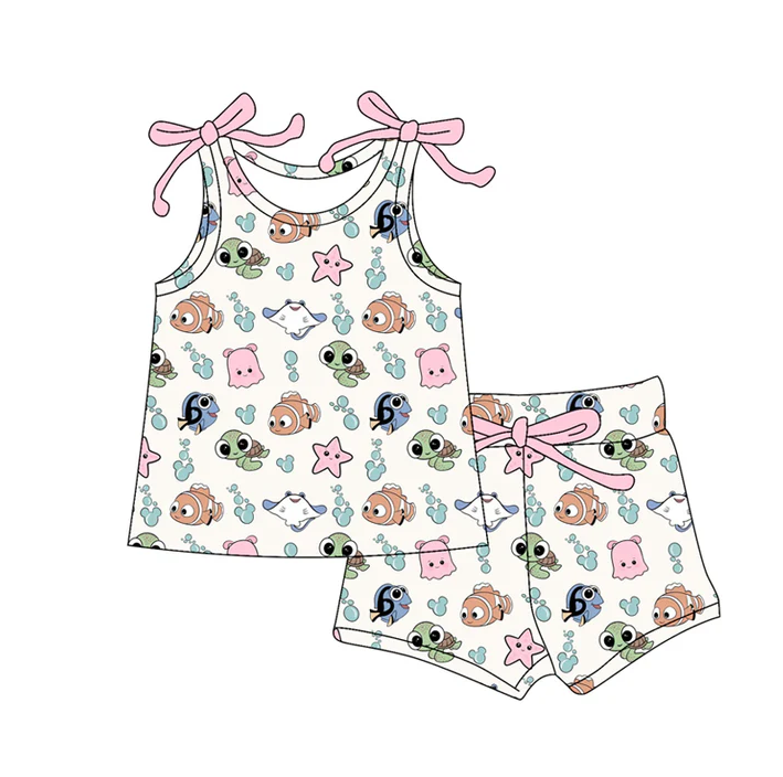 4.19 Preorder moq 5 Baby Girls Bows Sleeveless Cartoon Fishes Top Short Set