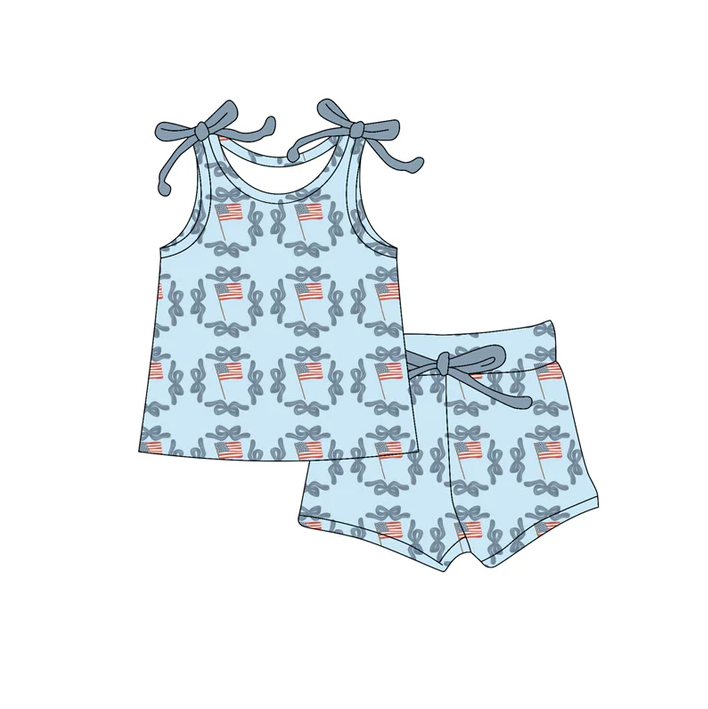 4.19 Preorder moq 5 Baby Girls Bows Sleeveless Flags Bows Top Short 4th Of July Set
