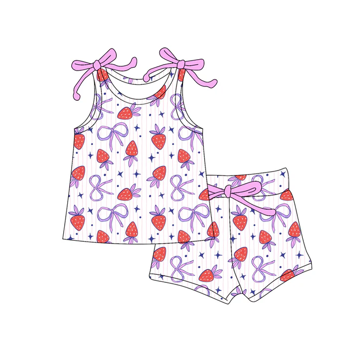 4.19 Preorder moq 5 Baby Girls Bows Sleeveless Strawberry Bows Top Short Set