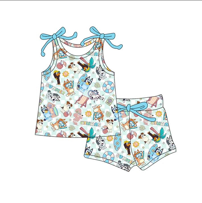 4.19 Preorder moq 5 Baby Girls Bows Sleeveless Cartoon Dogs Beach Top Short Set