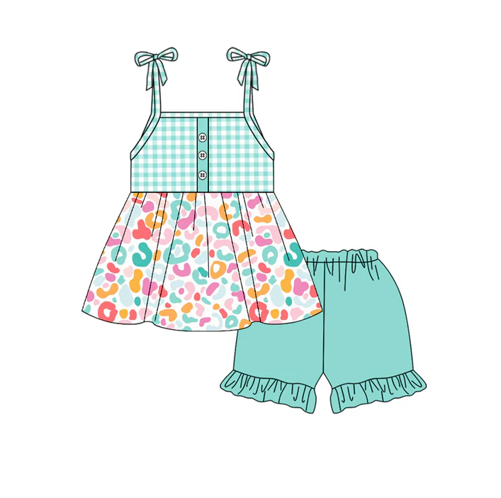 4.21 Preorder moq 5 Baby Girls Strap Aqua Plaid Button Colorful Leopard Tunic Ruffle Short Set