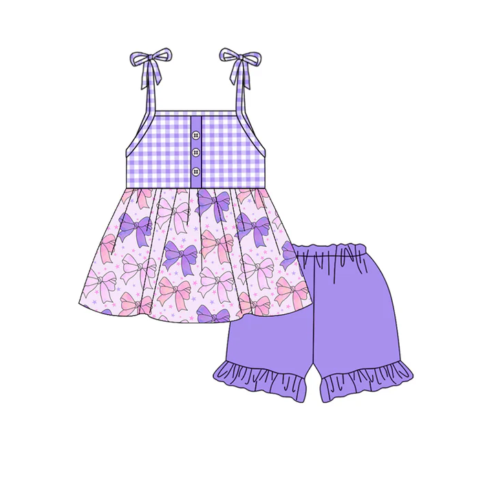 4.21 Preorder moq 5 Baby Girls Strap Lavender Plaid Button Bows Stars Tunic Ruffle Short Set