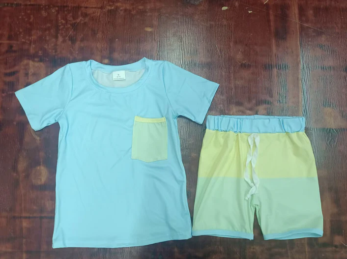 4.21 Preorder moq 5 Baby Boys Blue Short Sleeves Pocket Top Yellow Short Set