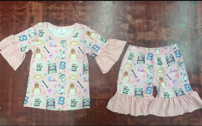 4.21 Preorder moq 5 Baby Girls Short Ruffle Sleeves Singers Guitars Top Short Pajamas Set