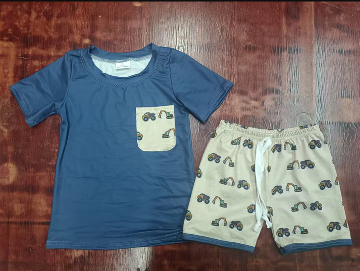 4.21 Preorder moq 5 Baby Boys Navy Short Sleeves Pocket Top Excavators Short Set